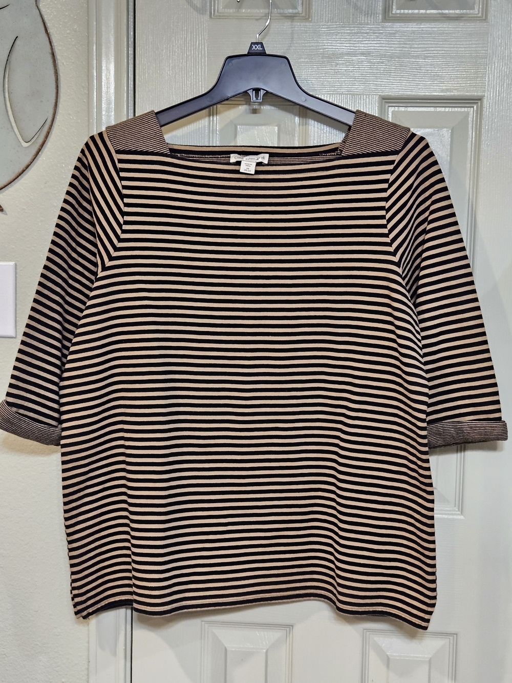 Coldwater Creek Black and Tan Striped Boatneck Top